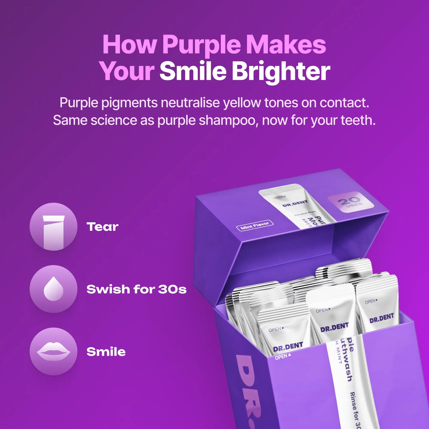 DR.DENT Purple Mouthwash - Sachets 20 Pack - Peroxide-Free - Alcohol Free - Vegan Mint - image 4