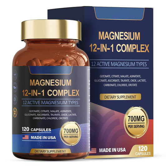 12-in-1 Magnesium Complex 700mg - Supplement with Glycinate Citrate Malate Oxide Taurate Aspartate Orotate, Vegan Capsules for Muscle, Heart, and Relaxation Support