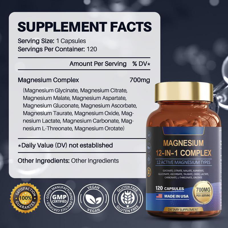 12-in-1 Magnesium Complex 700mg - Supplement with Glycinate Citrate Malate Oxide Taurate Aspartate Orotate, Vegan Capsules for Muscle, Heart, and Relaxation Support