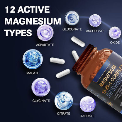 12-in-1 Magnesium Complex 700mg - Supplement with Glycinate Citrate Malate Oxide Taurate Aspartate Orotate, Vegan Capsules for Muscle, Heart, and Relaxation Support