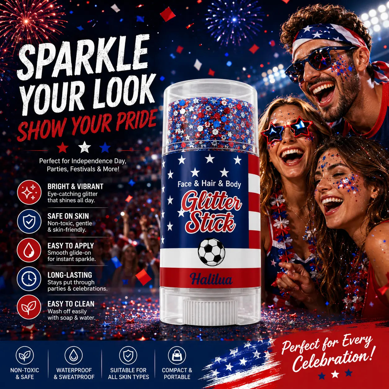 4th of July Glitter Stick | Red, White & Blue Body & Hair Sparkle for Independence Day Party, Festival & Fun Holiday Look - image 12
