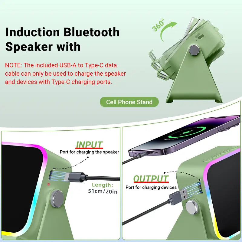 5-in-1 Induction & Bluetooth Speaker Stand – Adjustable Phone Holder, 3500mAh Power Bank & LED Light