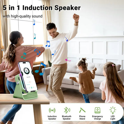 5-in-1 Induction & Bluetooth Speaker Stand – Adjustable Phone Holder, 3500mAh Power Bank & LED Light