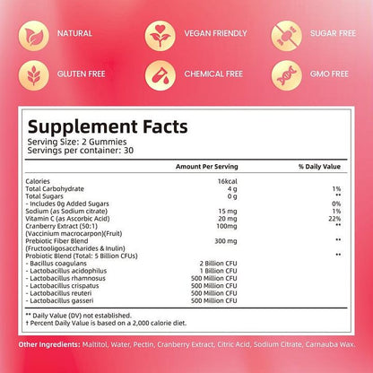 Cranberry Probiotic Gummies | Targeting Body Odor, Women's Health, and Body Balance | Vegan (60 Gummies per Pack)