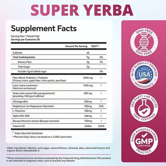 ZOOONE Super Yerba l Yerba Mate Instant Tea Powder IRASPBERRY LEMONADE Flavorl 30 Servings
