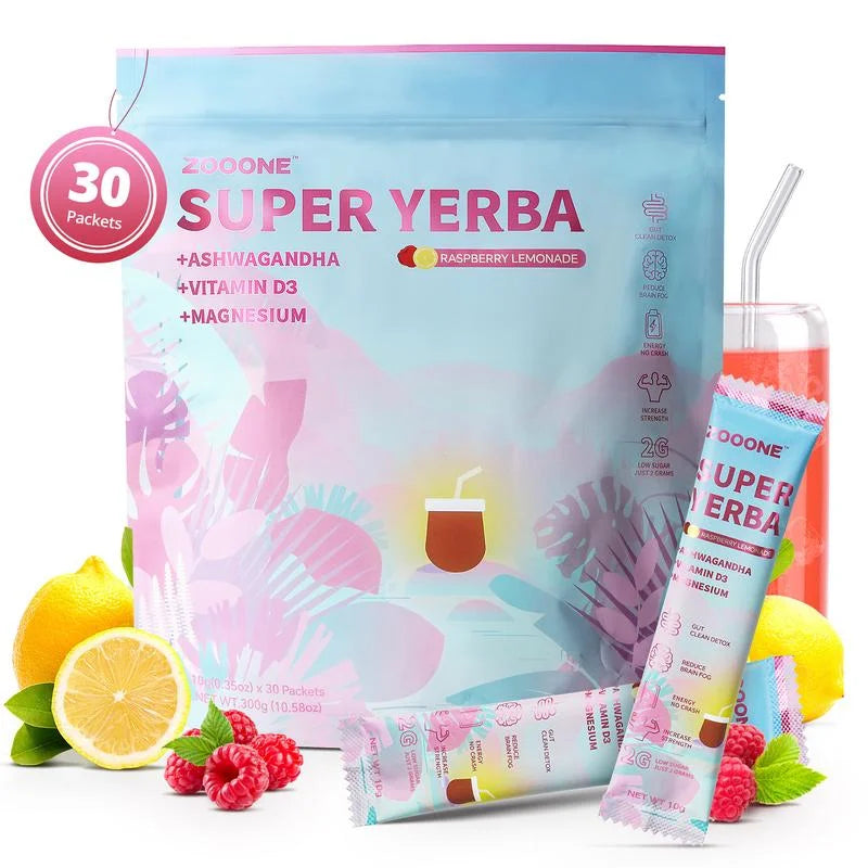 ZOOONE Super Yerba l Yerba Mate Instant Tea Powder IRASPBERRY LEMONADE Flavorl 30 Servings