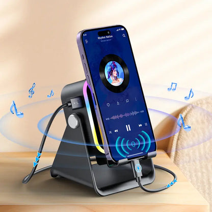 5-in-1 Induction & Bluetooth Speaker Stand – Adjustable Phone Holder, 3500mAh Power Bank & LED Light