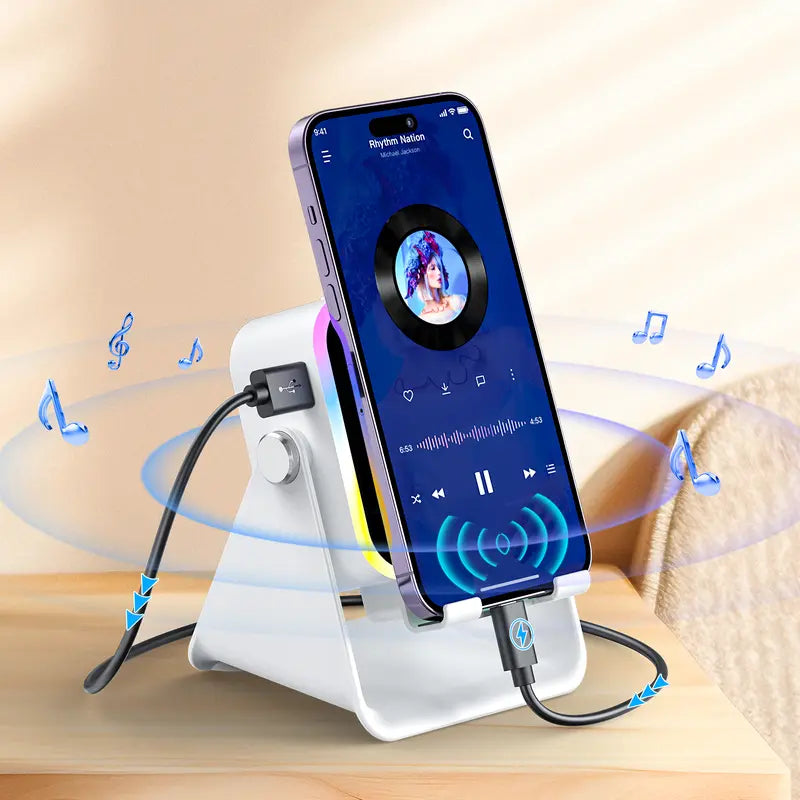 5-in-1 Induction & Bluetooth Speaker Stand – Adjustable Phone Holder, 3500mAh Power Bank & LED Light
