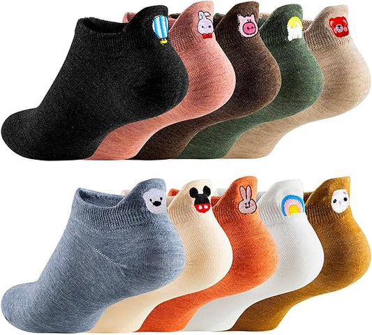 🔥Women Cute Socks 10 Pairs Cotton Kawaii Embroidered Funny Low Cut Socks for Women Girls Ankle Socks