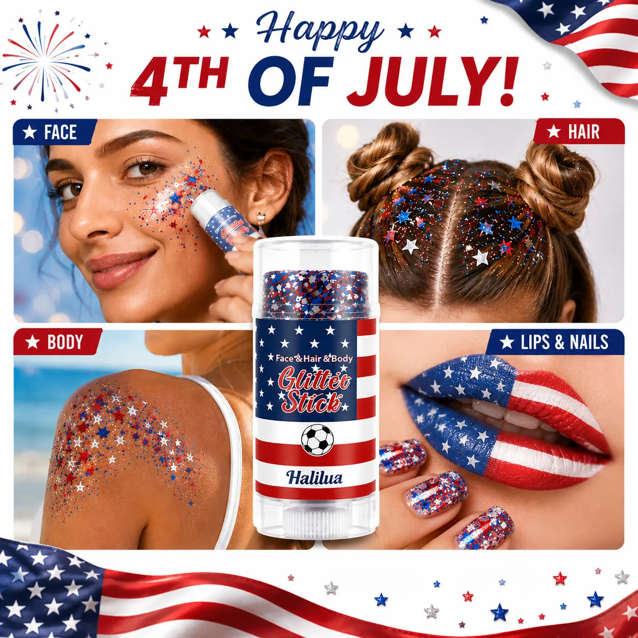 4th of July Glitter Stick | Red, White & Blue Body & Hair Sparkle for Independence Day Party, Festival & Fun Holiday Look - image 10