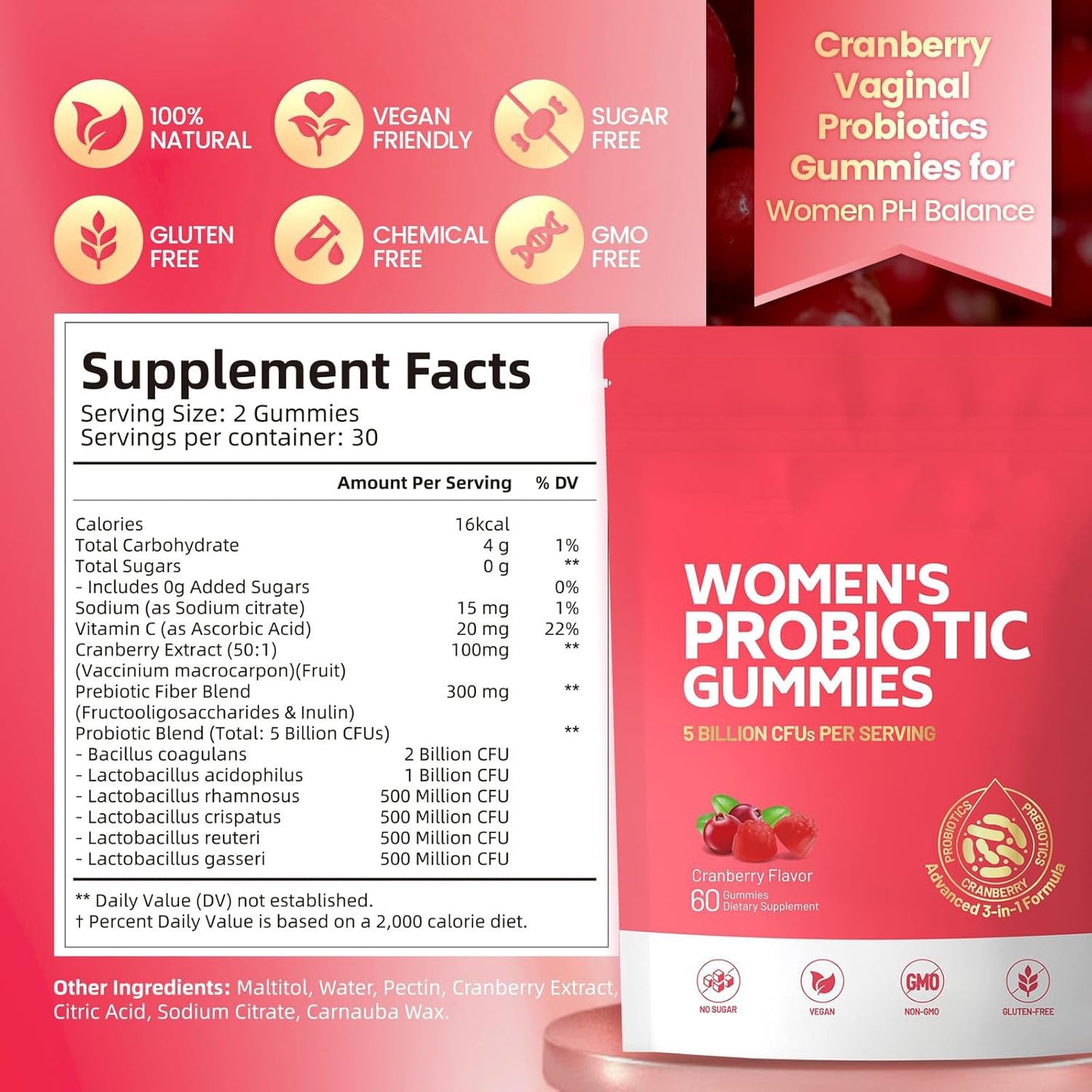 Cranberry Probiotic Gummies | Targeting Body Odor, Women's Health, and Body Balance | Vegan (60 Gummies per Pack)