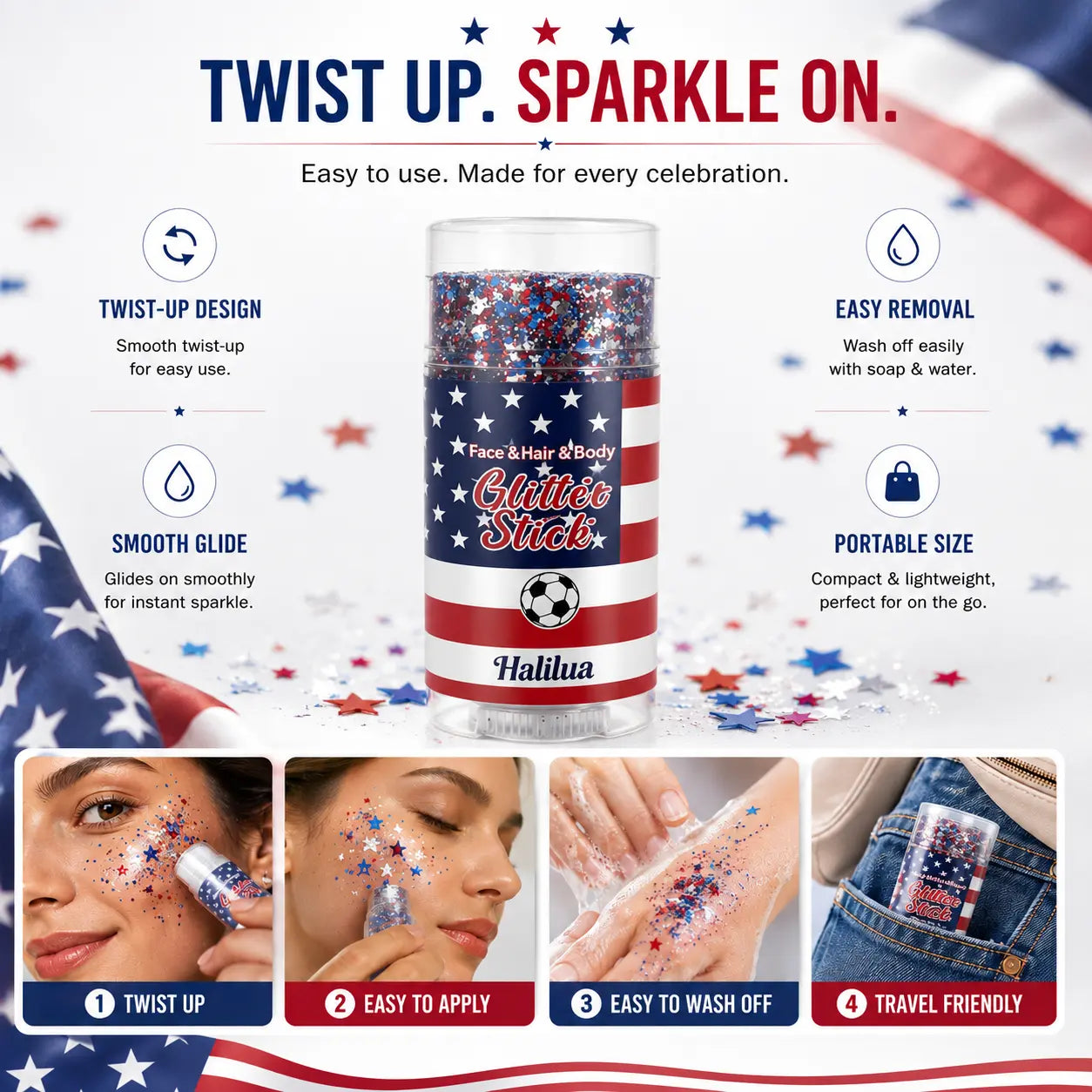 4th of July Glitter Stick | Red, White & Blue Body & Hair Sparkle for Independence Day Party, Festival & Fun Holiday Look - image 8