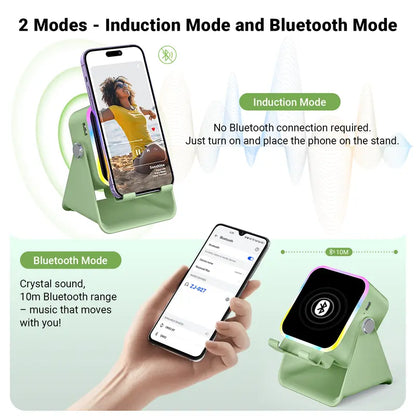 5-in-1 Induction & Bluetooth Speaker Stand – Adjustable Phone Holder, 3500mAh Power Bank & LED Light