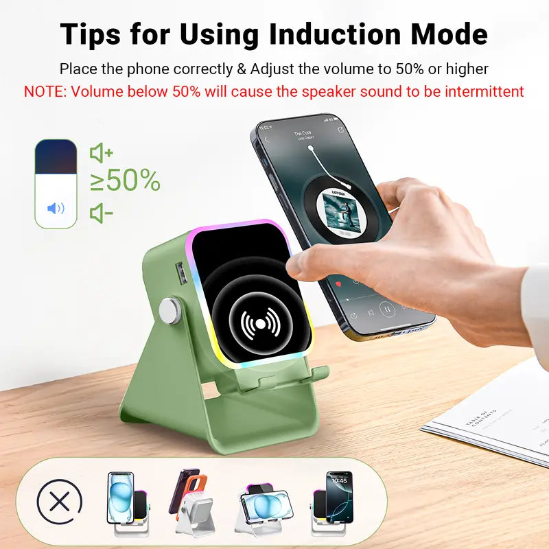 5-in-1 Induction & Bluetooth Speaker Stand – Adjustable Phone Holder, 3500mAh Power Bank & LED Light