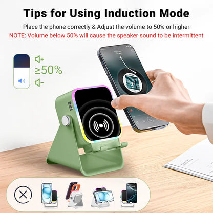 5-in-1 Induction & Bluetooth Speaker Stand – Adjustable Phone Holder, 3500mAh Power Bank & LED Light