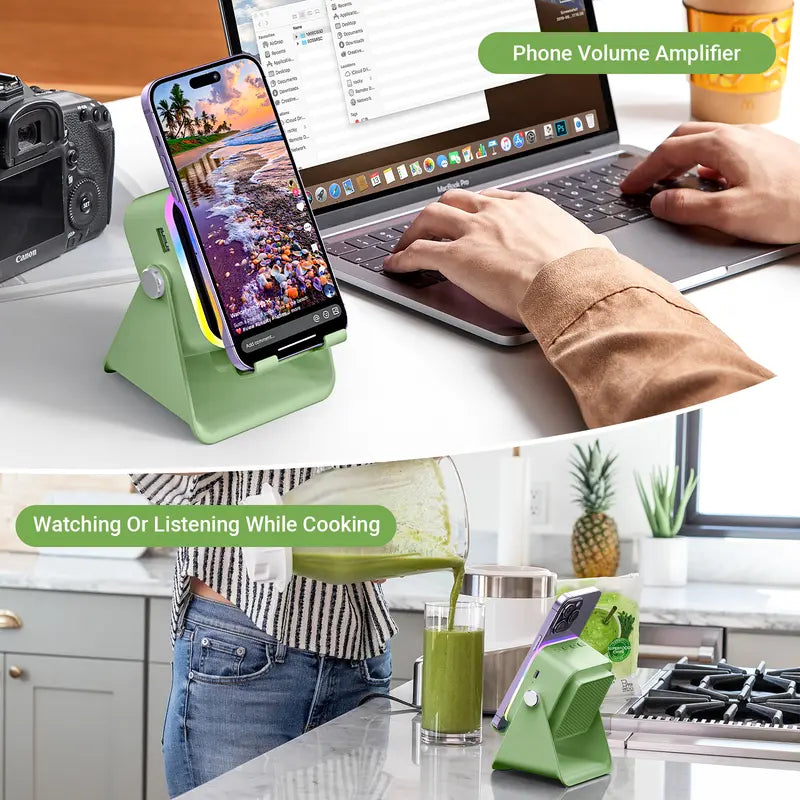 5-in-1 Induction & Bluetooth Speaker Stand – Adjustable Phone Holder, 3500mAh Power Bank & LED Light